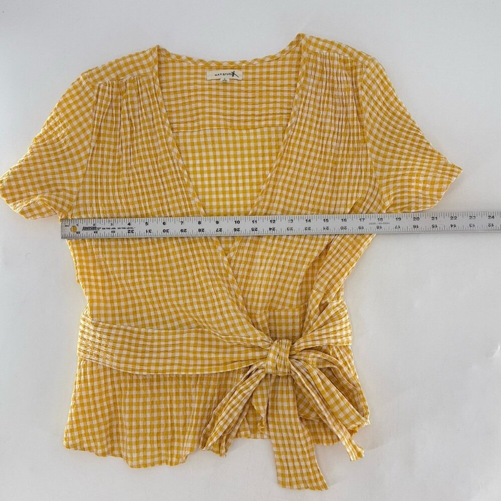 Max Studio Yellow Check Wrap Blouse Sz L Boho Cottage Prairie Preppy Western - Picture 9 of 9